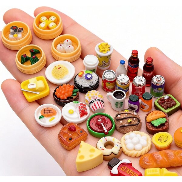 Set mit 80 Mini-Harzzubehörteilen für Puppenhäuser – realistische Mini-Essen und Getränke