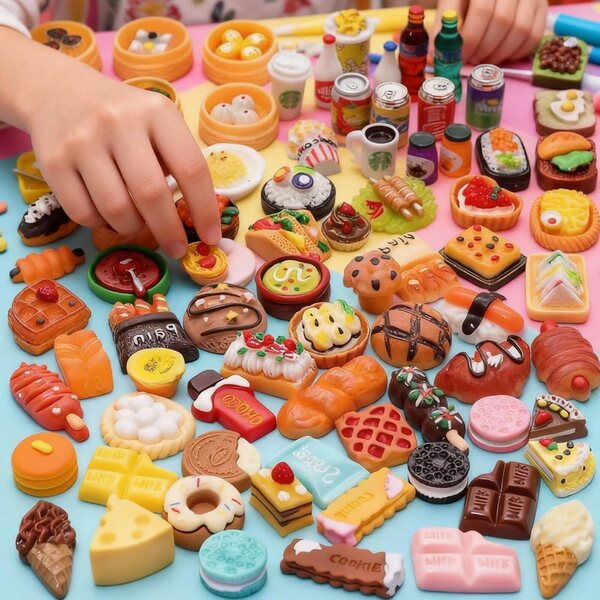 Set mit 80 Mini-Harzzubehörteilen für Puppenhäuser – realistische Mini-Essen und Getränke