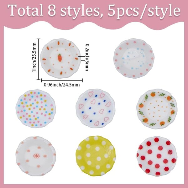 Set 40 Mini Piatto in Plastica 8 Stili per Casa delle Bambole Decorazione