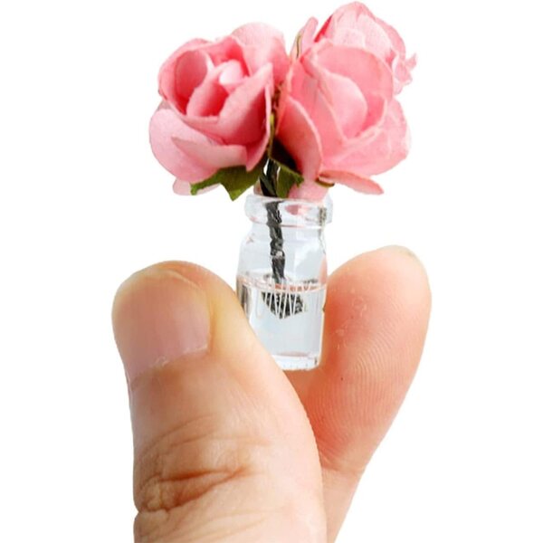 Miniatur rosa Glasvase 1:12 für Puppenhaus, handbemalte Dekoration