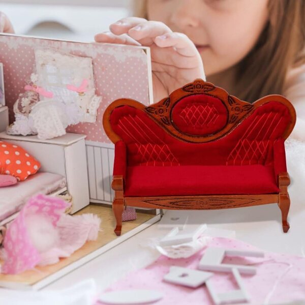 Ausi Mini canapé vintage in legno marrone rosso per casa delle bambole 1:12