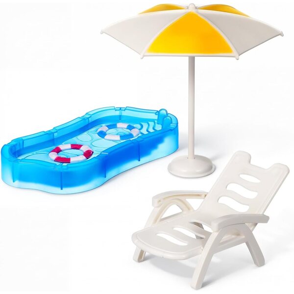 Toyvian Puppenhaus-Miniatur-Set: Schwimmbad, Bouée, Sonnenschirm und Strandzubehör