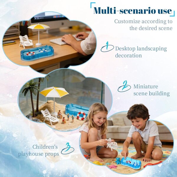 Toyvian Puppenhaus-Miniatur-Set: Schwimmbad, Bouée, Sonnenschirm und Strandzubehör