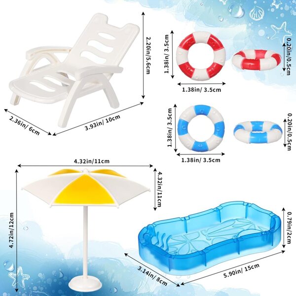 Toyvian Puppenhaus-Miniatur-Set: Schwimmbad, Bouée, Sonnenschirm und Strandzubehör