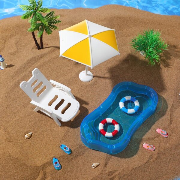 Toyvian Puppenhaus-Miniatur-Set: Schwimmbad, Bouée, Sonnenschirm und Strandzubehör