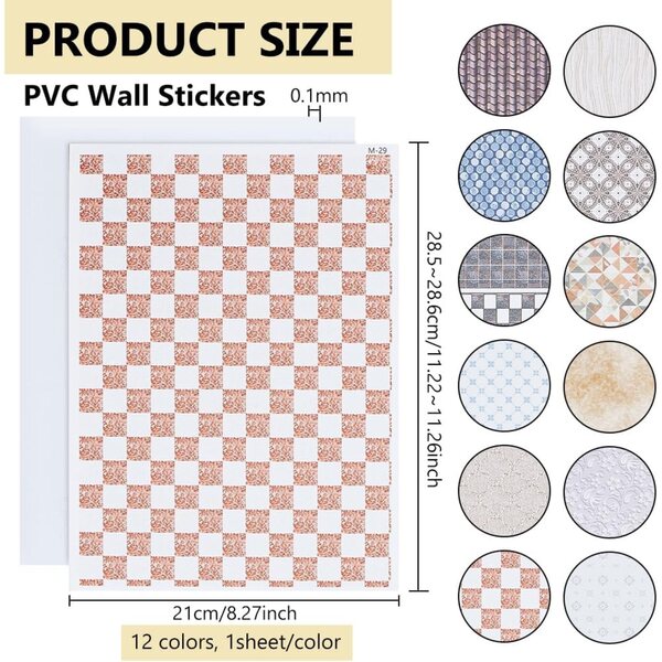 Carta da Parati Miniatura PVC 12 Colori Autoadesiva per Casa di Bambola 1/12