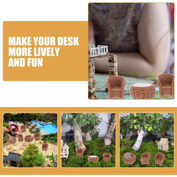 VICASKY 6-teiliges Set Mini-Harzmöbel für Puppenhaus, Bambustisch und Stühle