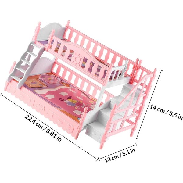 Letto a castello miniatura per casa delle bambole, 17 cm, doppio cuscino CVUTOVO
