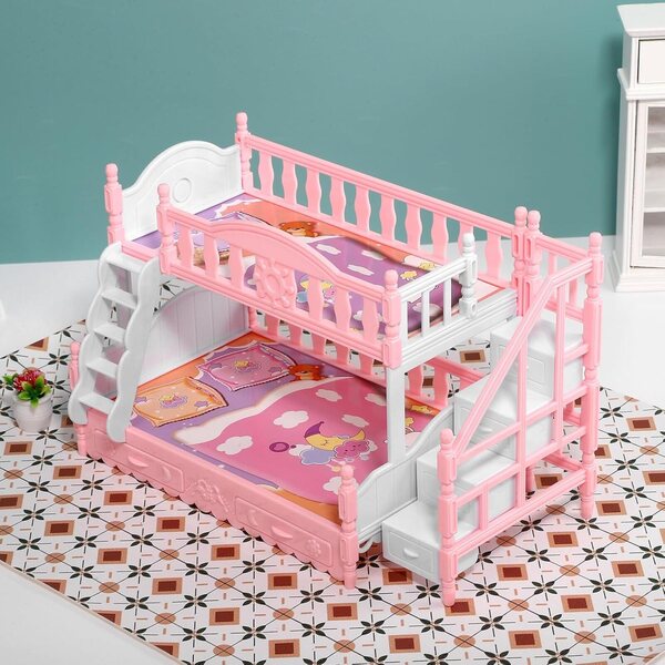 Letto a castello miniatura per casa delle bambole, 17 cm, doppio cuscino CVUTOVO