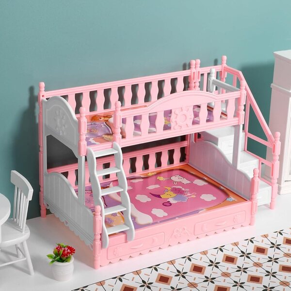 Letto a castello miniatura per casa delle bambole, 17 cm, doppio cuscino CVUTOVO