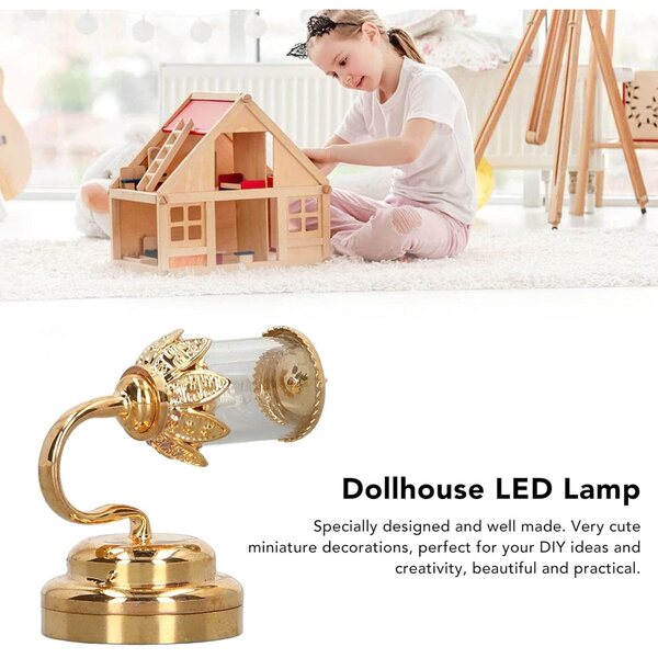 Lampada in Miniatura Casa delle Bambole 1:12 Paralume Metallo Dorato LED Vintage