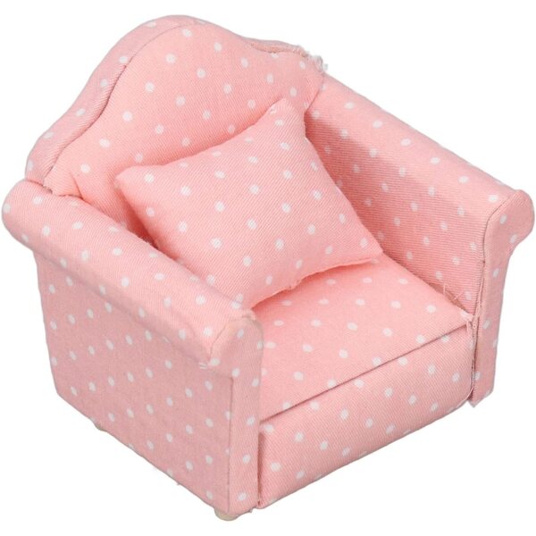 Mini Divano per Casa delle Bambole 1:12 in Legno con Tessuto e Cuscino Rosa Pois