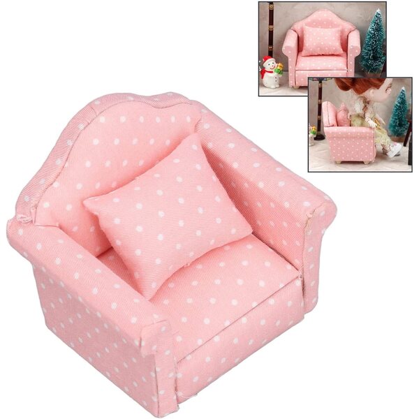 Mini Divano per Casa delle Bambole 1:12 in Legno con Tessuto e Cuscino Rosa Pois
