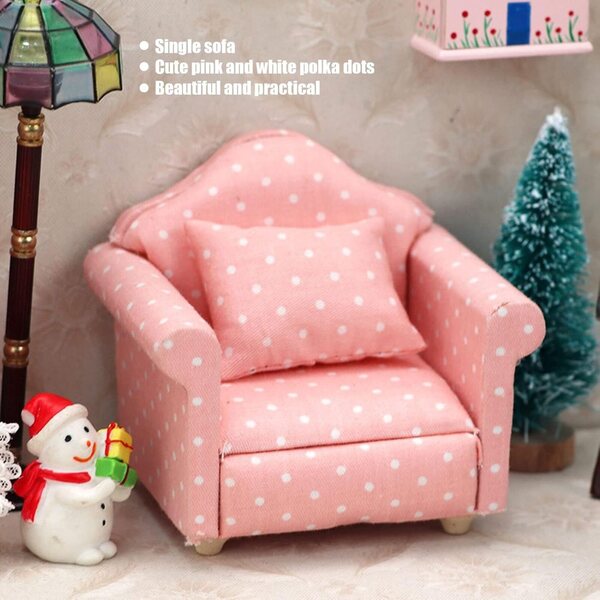 Mini Divano per Casa delle Bambole 1:12 in Legno con Tessuto e Cuscino Rosa Pois