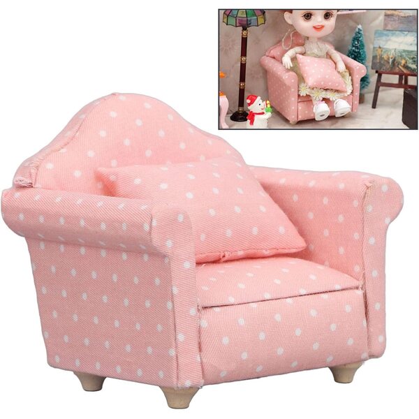 Mini Divano per Casa delle Bambole 1:12 in Legno con Tessuto e Cuscino Rosa Pois