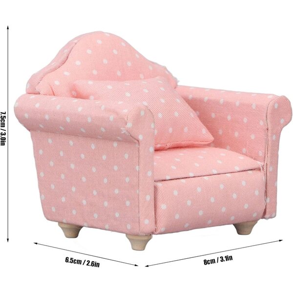 Mini Divano per Casa delle Bambole 1:12 in Legno con Tessuto e Cuscino Rosa Pois