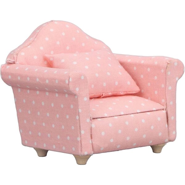Mini Divano per Casa delle Bambole 1:12 in Legno con Tessuto e Cuscino Rosa Pois