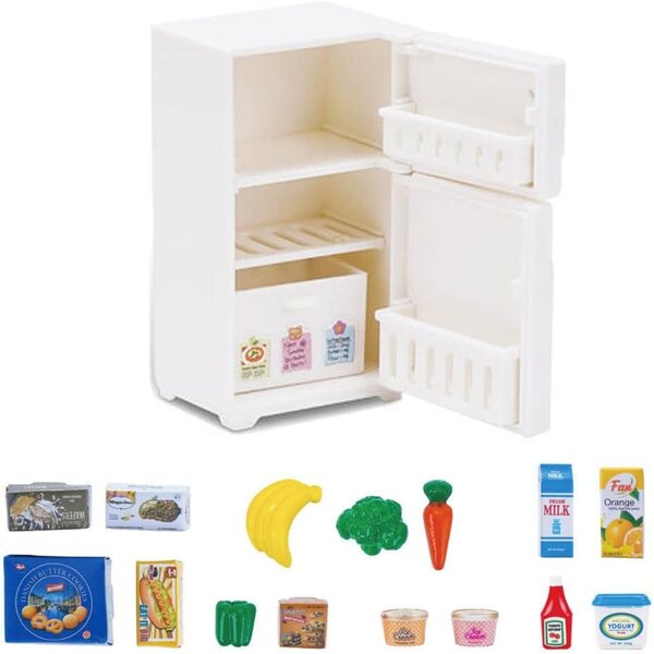 Accessori per frigorifero mini per casa delle bambole con 17 alimenti giocattolo