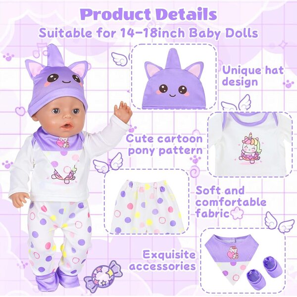 Lila Kleidungsset 5-teilig für Puppen 35-45 cm - Xerteam