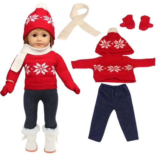 Komplettes Weihnachtskleidungsset für 46-cm-Puppen mit Pullover, Jeans und Accessoires