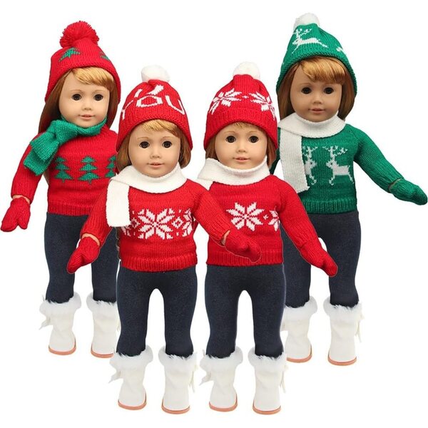 Komplettes Weihnachtskleidungsset für 46-cm-Puppen mit Pullover, Jeans und Accessoires