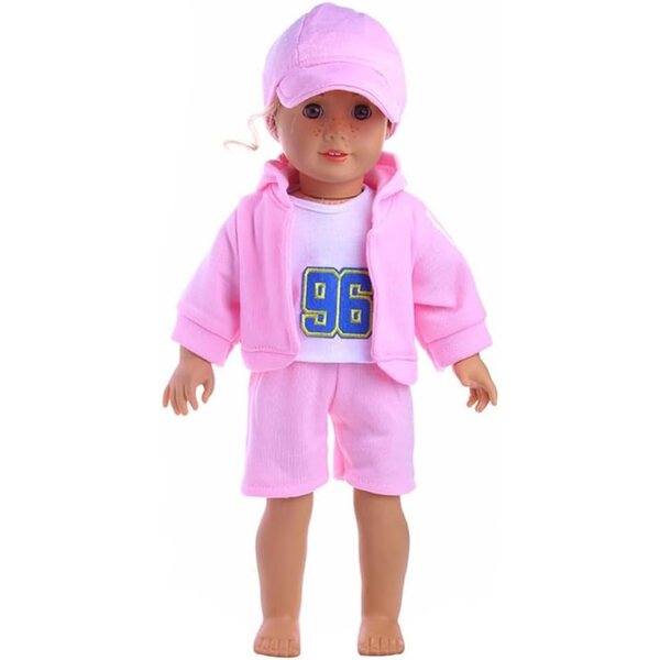 Bekleidungsset für 46-cm-Puppen: T-Shirt, Manteau, Shorts und rosa Mütze