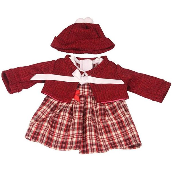 Bekleidungsset für 46-cm-Puppe: Kariertes Kleid, roter Mantel und Hut