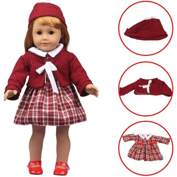 Bekleidungsset für 46-cm-Puppe: Kariertes Kleid, roter Mantel und Hut