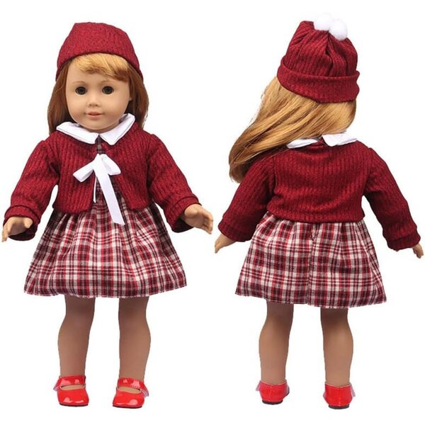 Bekleidungsset für 46-cm-Puppe: Kariertes Kleid, roter Mantel und Hut
