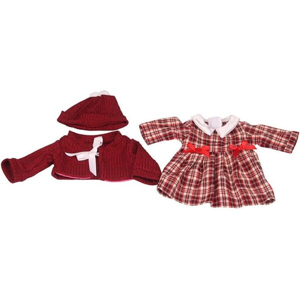 Bekleidungsset für 46-cm-Puppe: Kariertes Kleid, roter Mantel und Hut