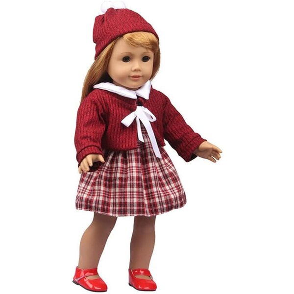 Bekleidungsset für 46-cm-Puppe: Kariertes Kleid, roter Mantel und Hut