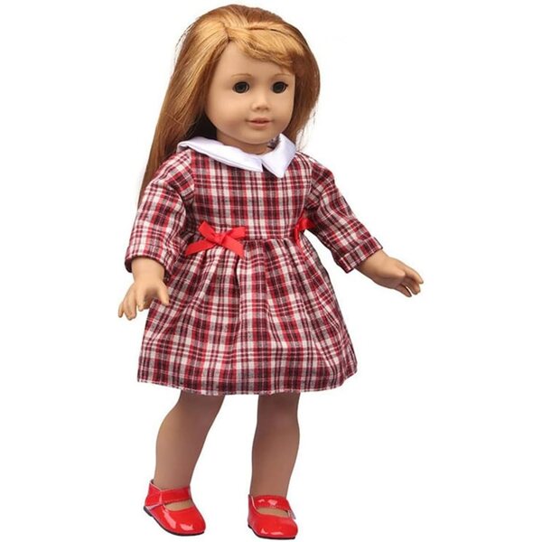 Bekleidungsset für 46-cm-Puppe: Kariertes Kleid, roter Mantel und Hut