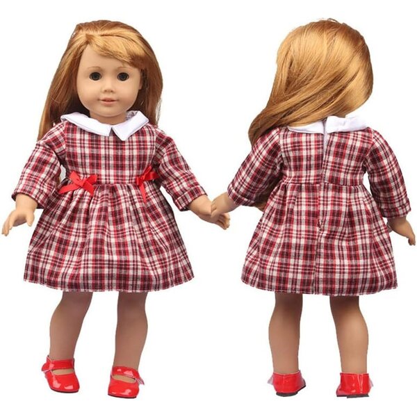 Bekleidungsset für 46-cm-Puppe: Kariertes Kleid, roter Mantel und Hut