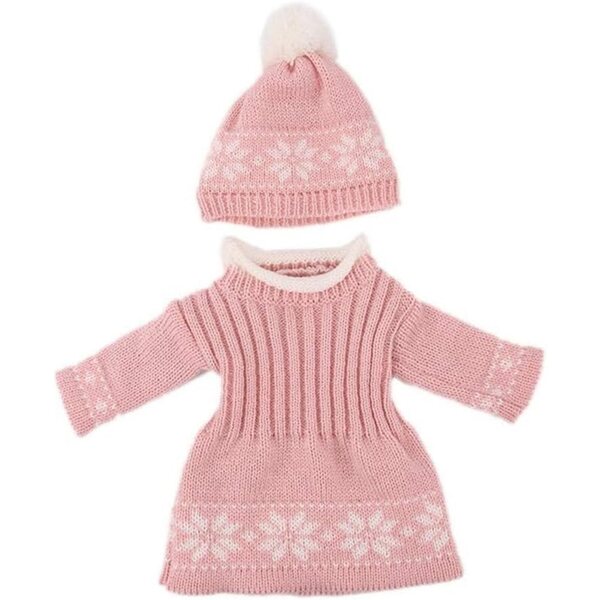 Gestricktes Kleidungsset für 46-cm-Puppe – rosa Kleid und Wintermütze