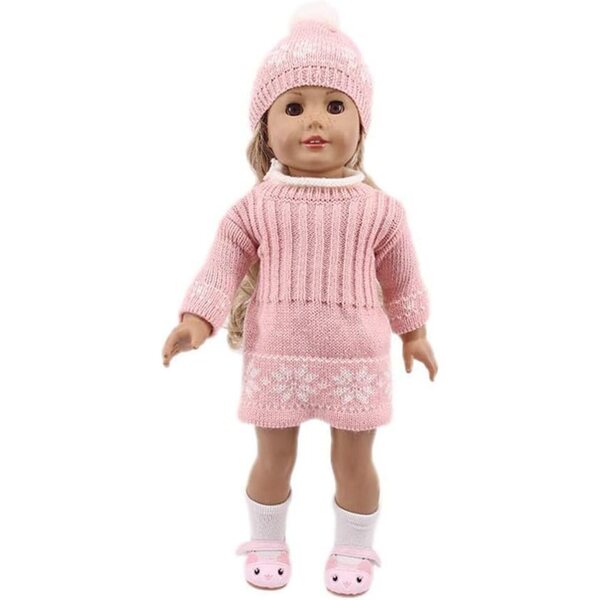 Gestricktes Kleidungsset für 46-cm-Puppe – rosa Kleid und Wintermütze