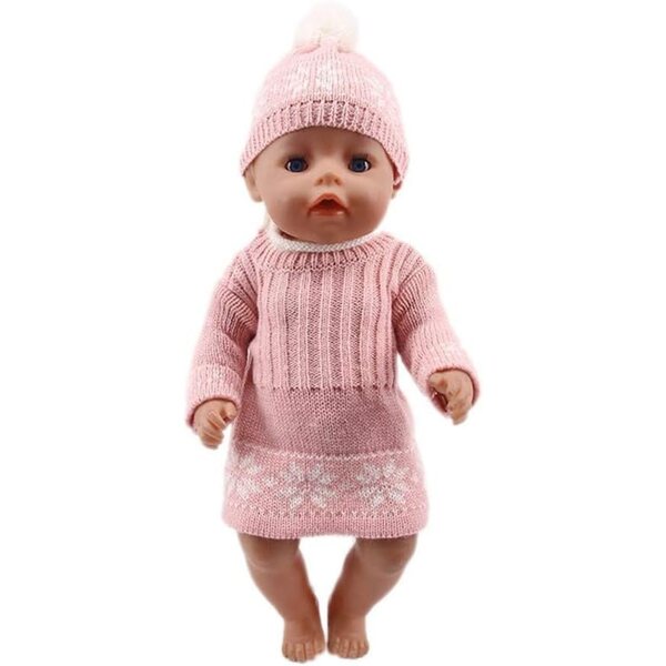 Gestricktes Kleidungsset für 46-cm-Puppe – rosa Kleid und Wintermütze