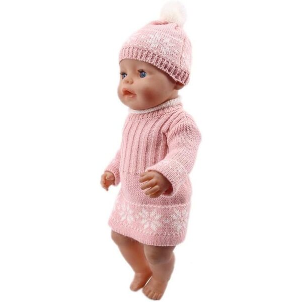 Gestricktes Kleidungsset für 46-cm-Puppe – rosa Kleid und Wintermütze