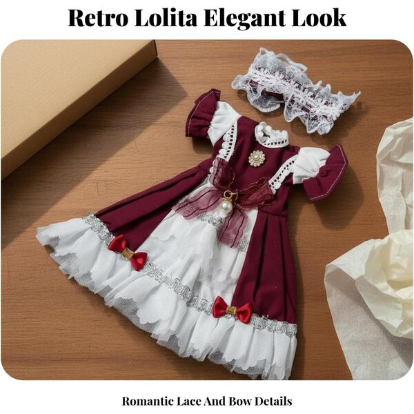 Abito bordeaux per bambola BJD da 30 cm design Lolita Adorabile - Abito elegante per bambina