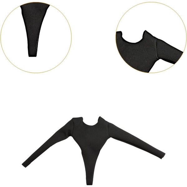 Fenteer Badeanzug für BJD-Puppen, 1/6, lange Ärmel, schwarzer elastischer Stoff