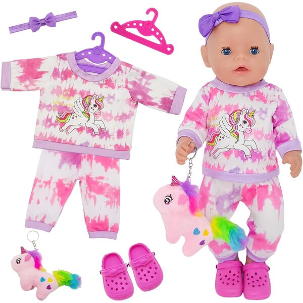 7-teiliges rosa Puppenoutfit für 30–45 cm große Puppen mit Plüschzubehör und Kleiderbügeln
