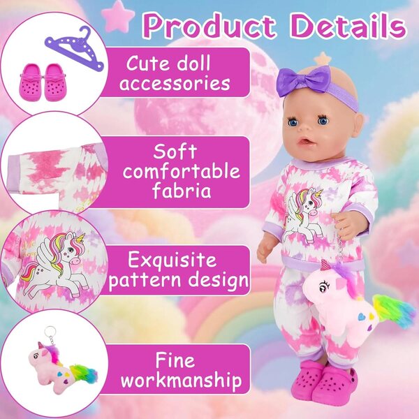 7-teiliges rosa Puppenoutfit für 30–45 cm große Puppen mit Plüschzubehör und Kleiderbügeln