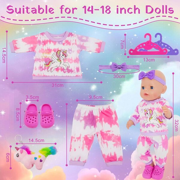 7-teiliges rosa Puppenoutfit für 30–45 cm große Puppen mit Plüschzubehör und Kleiderbügeln