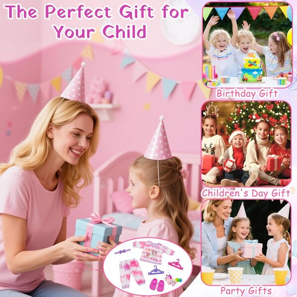7-teiliges rosa Puppenoutfit für 30–45 cm große Puppen mit Plüschzubehör und Kleiderbügeln