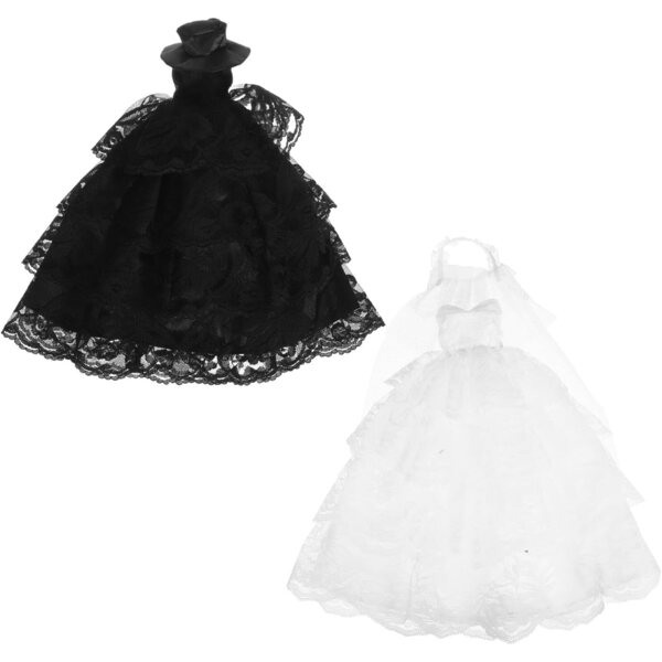 Puppen-Hochzeitskostüm: Schwarz-weißes Spitzen-Minikleid und Accessoires-Set