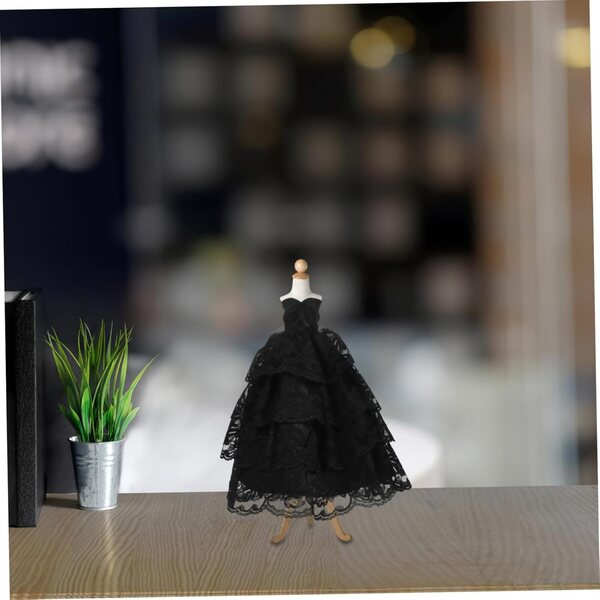 Puppen-Hochzeitskostüm: Schwarz-weißes Spitzen-Minikleid und Accessoires-Set