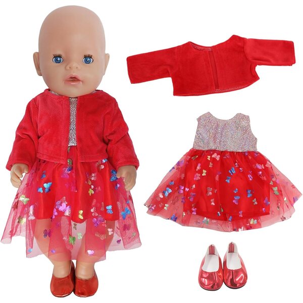 Vestiti per Bambole 35-45 cm - Abito Tulle Rosso con Motivo Farfalla e Cardigan Morbido