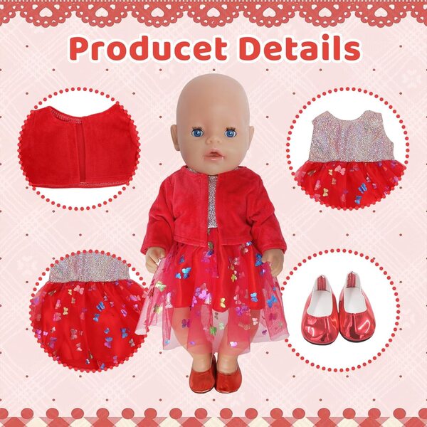 Vestiti per Bambole 35-45 cm - Abito Tulle Rosso con Motivo Farfalla e Cardigan Morbido