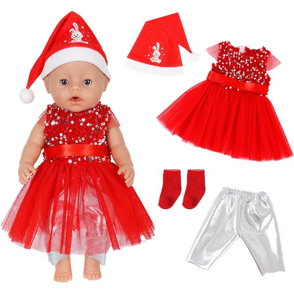 Weihnachtskleid-Set für Puppe 30–45 cm mit Rock, Leggings, Mütze und Socken