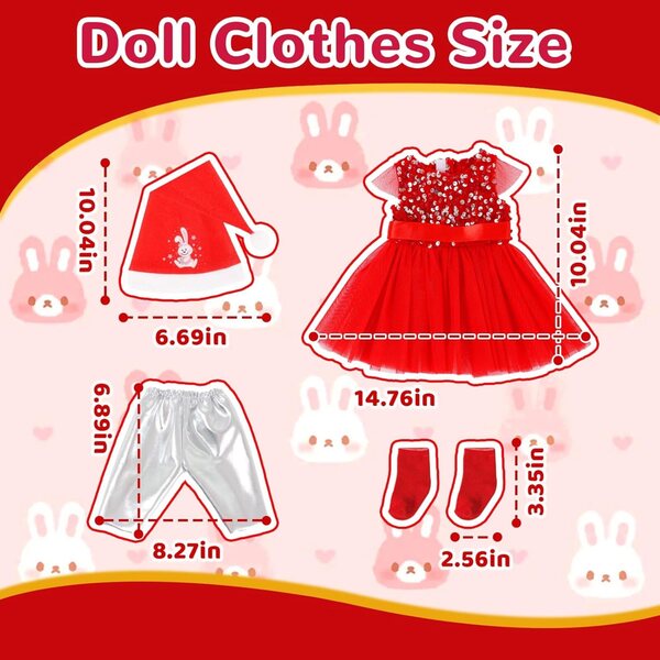 Weihnachtskleid-Set für Puppe 30–45 cm mit Rock, Leggings, Mütze und Socken