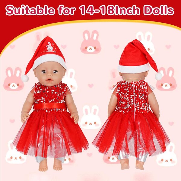 Weihnachtskleid-Set für Puppe 30–45 cm mit Rock, Leggings, Mütze und Socken